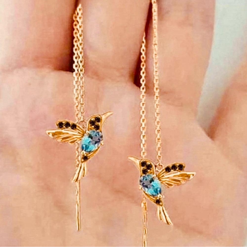 Whimsical Gold & Turquoise Hummingbird Threader Earrings NWT